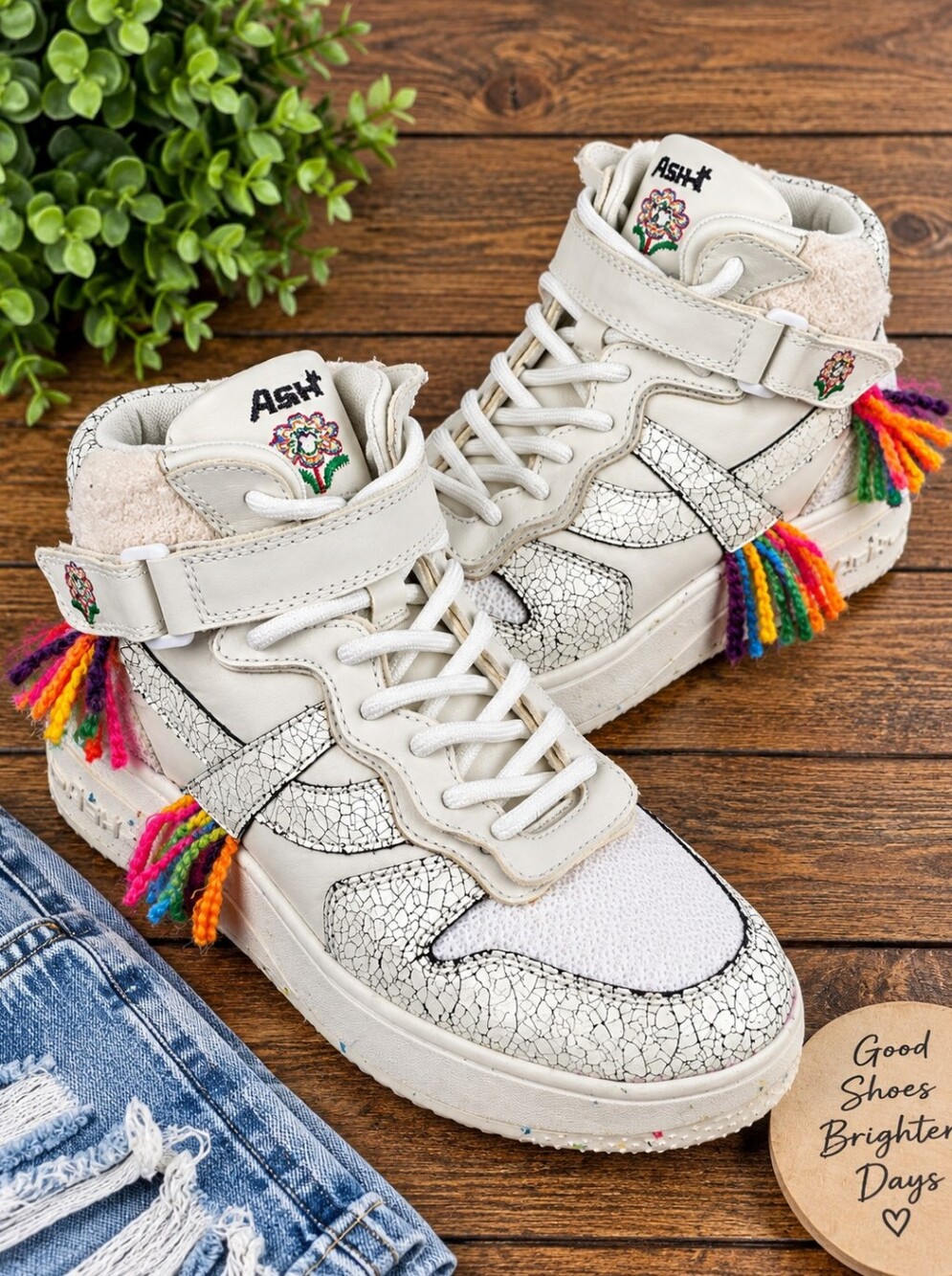 Free People ASH Parker Mid-Top Sneakers White Rainbow Tassels Size 39